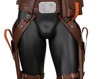 Leather Axe Wove Mandalorian S3 Belt | Brown Dual Leg Holster with 2 Pouches | Cosplay Adjustable Belt