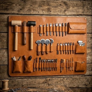 May include: A tan leather tool organiser mat featuring multiple stitched pockets and loops holding various metal crafting tools, including mallets, chisels, punches, and awls, arranged in rows across the surface for organised storage.