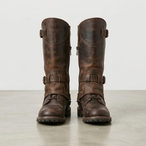 May include: A pair of mid-calf boots crafted from distressed dark brown leather. These boots feature a rounded toe, a lace-up front section, and a wide leather strap across the instep with a buckle. A second buckle strap secures the upper shaft.