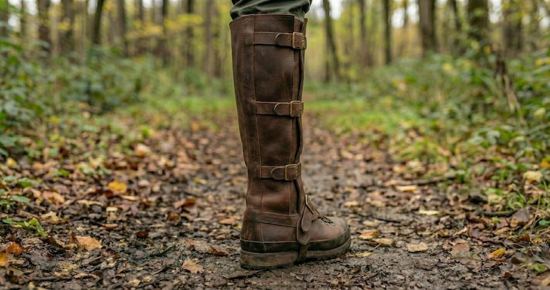 May include: A tall, brown leather boot with three buckle straps. The boot is worn on a muddy path in a forest setting. The boot appears to be durable and suitable for outdoor activities.