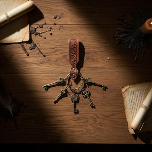 Puede incluir: Un conjunto de llaves antiguas en un llavero de cuero marrón con un diseño floral en relieve. Las llaves están unidas a un anillo de metal. Las llaves están dispuestas sobre una superficie de madera con un pergamino, una pluma y una vela encendida.