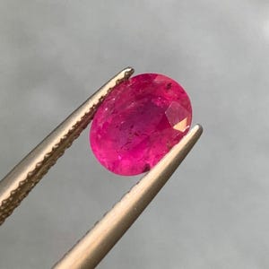 Op de afbeelding: Een levendige, ovaal geslepen robijn met een dieproze-rode tint en een gefacetteerd oppervlak, vastgehouden door een metalen pincet. De steen vertoont natuurlijke interne insluitingen en een gepolijste, reflecterende afwerking.