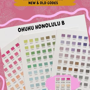 Può includere: Un set di schede campione di colore con il testo "OHUHU 320 SWATCH CARD NEW & OLD CODES" e "OHUHU HONOLULU B". Le schede mostrano una varietà di campioni di colore in righe e colonne. La tavolozza dei colori comprende rosa, verdi, blu e viola. Un rettangolo rosa evidenzia alcuni codici colore.