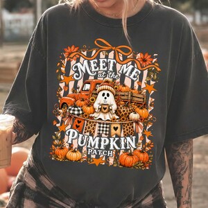 T-shirt « Rendez-vous à la ferme de citrouilles », T-shirt léopard fantôme pour Halloween, T-shirt graphique Comfort Colors aux couleurs automnales, Cadeau champêtre d'automne