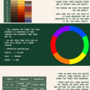 Op de afbeelding: Een groen en beige educatief diagram over haartoning, met een kleurenwiel en een kleurendieptetabel. De tabel bevat tekst over het neutraliseren van kleuren en het bereiken van de gewenste haartinten. Het woord "TONING" staat bovenaan.