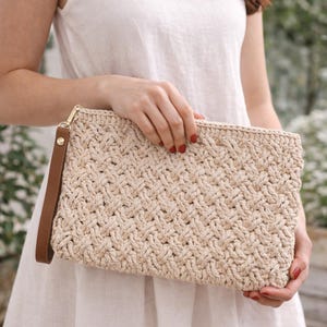 Handmade Crochet Clutch Bag, Paper Raffia Handbag with Zipper, Lined Summer Clutch