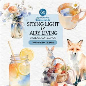 Pode incluir: Uma coleção digital de 60 cliparts PNG em aquarela e fundos intitulada SPRING LIGHT & AIRY LIVING. Os gráficos apresentam um pote de vidro com flores, uma xícara de chá, uma bebida de limão, um coelho, uma cesta de frutas e uma raposa.
