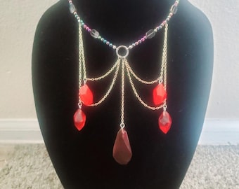 Glass Beaded Tiered Multi Layered Chain Necklace with Metal Ring and Resin Gems