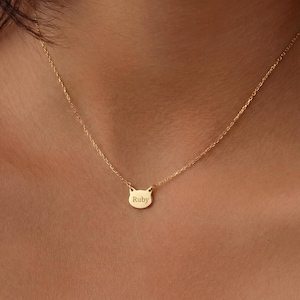 Personalized Cat Name Necklace, Custom Pet Name Jewelry, Cat Lover Gift, Minimal Gold Kitty Face Name Pendant, Pet Memorial Necklace