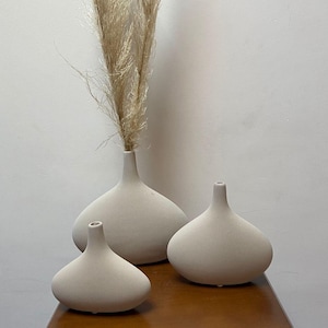 Op de afbeelding: Drie beige keramische vazen van verschillende formaten, met een afgeronde basis en smalle hals, staan op een houten tafel. De grootste vaas bevat hoog, gedroogd pampasgras. De vazen hebben een matte afwerking en een minimalistisch ontwerp.