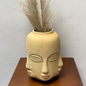 Può includere: Un vaso in ceramica beige con tre facce, contenente erba della pampa beige secca e piumosa. Il vaso è posto su una superficie di legno marrone, contro un muro grigio neutro. Il vaso ha una finitura liscia e opaca.