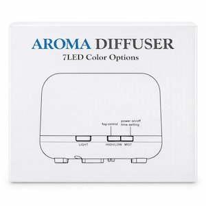 May include: White aroma diffuser with the text "AROMA DIFFUSER" and "7 LED Color Options". The diffuser has buttons labeled "LIGHT" and "HIGH/LOW MIST". It also has "fog control" and "power on/off time setting" labels.
