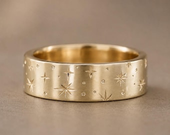 Solid Gold Orion Star Engraved Band, Celestial Constellation Ring, Minimalist Wedding Anniversary Gift