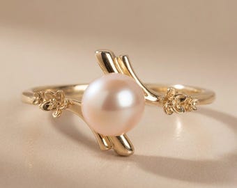 14K Gold Pink Pearl Bypass Ring: Floral Nature Inspired Statement Jewelry