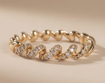 14K Solid Gold Diamond Twist Ring, Elegant Statement Band Jewelry