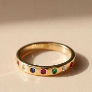 18K Yellow Gold Multi Gemstone Eternity Band: Ruby, Sapphire, Emerald, Diamond Ring