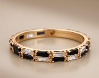 14K Solid Gold Checkerboard Ring, Black Agate & White Topaz Band
