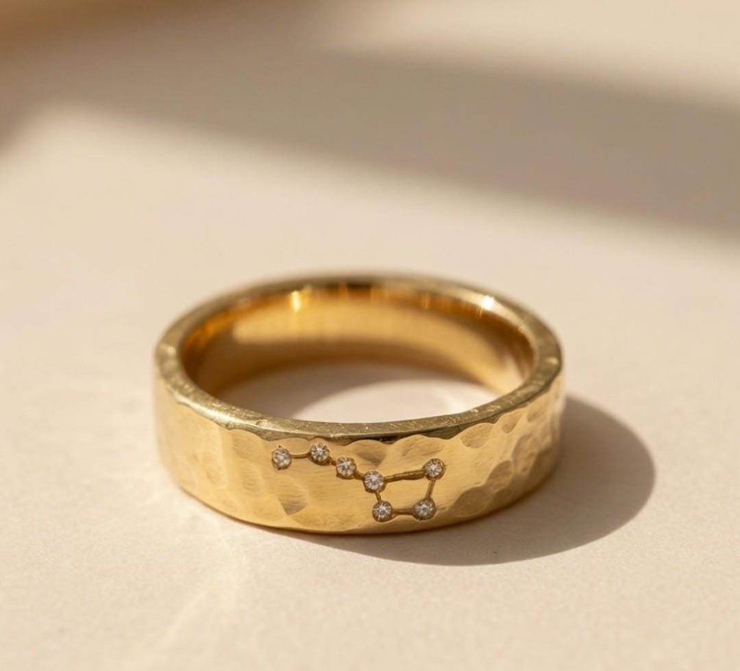 18K Hammered Gold Constellation Ring With Diamond Stars, Celestial ...