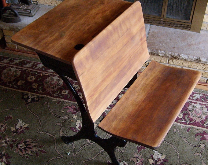 Antique School Desk Bench Cast Iron & Wood Refinished and Etsy