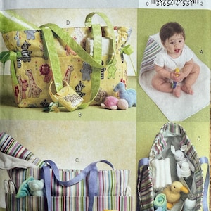 May include: A sewing pattern for baby items, including tote bags and a baby blanket. The bags feature animal prints and striped patterns. The image also shows a baby with a towel and stuffed animals. The text "Butterick" is visible.