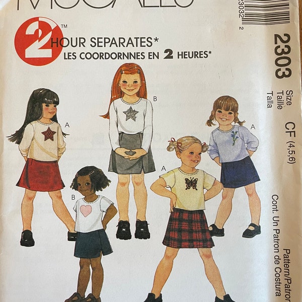 McCall's 2303 Children's Top and Skirt Sewing Pattern, UNCUT, Top For Stretch Knits Only, Size 4-5-6, 2 Hour Separates, Vintage Pattern