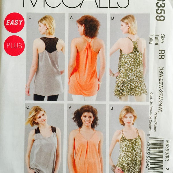 McCall's M6359, Size 18W-20W-22W-24W, Women's Tunics Pattern, UNCUT, Plus Size, Tank Top, Loose Fitting, Casual Wear