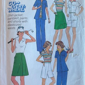May include: A sewing pattern for a shirt-jacket, pantskirt, pants, and shorts with elasticized waists. The pattern is from Simplicity and is size 16. The pattern is called "Go Everywhere".