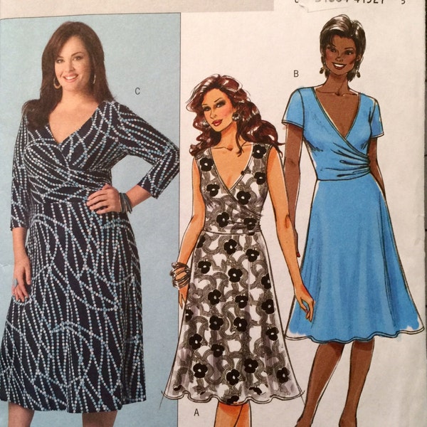 Butterick Fast and Easy B5001 Women's Dress Pattern, UNCUT, Size 26-28-30-32W, Plus Size, Mock Wrap Dress, Pullover Dress, 2007