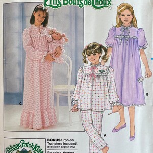 May include: A sewing pattern for Cabbage Patch Kids pajamas. The pattern includes two different styles of pajamas, one with a long-sleeved top and pants, and the other with a long-sleeved gown. The pattern is for sizes 4-5-6. The pattern is from Butterick.