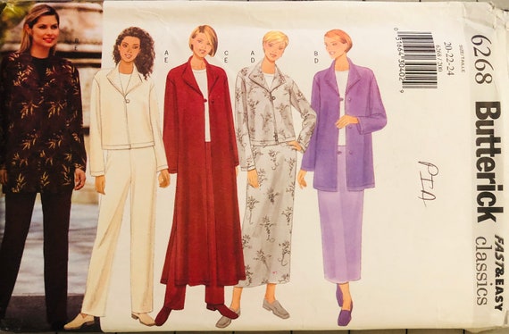 Butterick 6268 UNCUT Skirt and Pants Pattern Wardrobe Size 20-22-24 Misses'/Misses' Petite Jacket Fast and Easy Pattern Duster Butterick 6268 UNCUT Skirt and Pants Pattern Wardrobe Size 20-22-24 Misses'/Misses' Petite Jacket Fast and Easy Pattern Duster