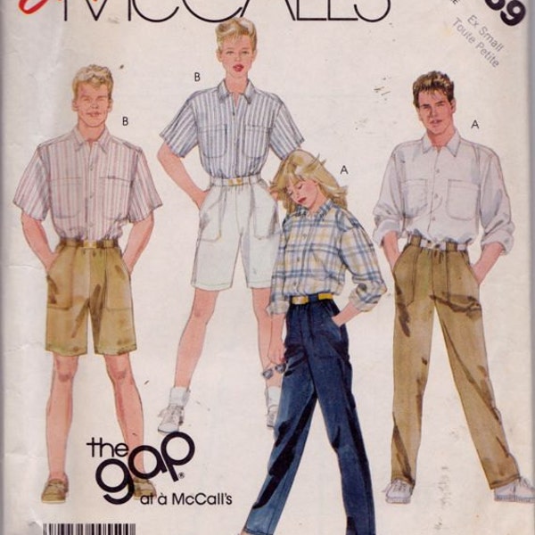McCall's 3159 Misses' or Men's/Teen Boys' Unisex Shirt, Pants and Shorts Pattern, UNCUT, Size Ex Small, The Gap, Vintage, 1987, Throwback