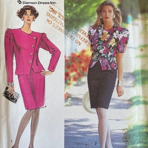 May include: A sewing pattern for a two-piece outfit. The pattern includes a jacket with a diagonal button closure and a skirt. The jacket has puffed sleeves. The skirt is a pencil skirt. The pattern is for sizes 6-14. The pattern is from Simplicity.