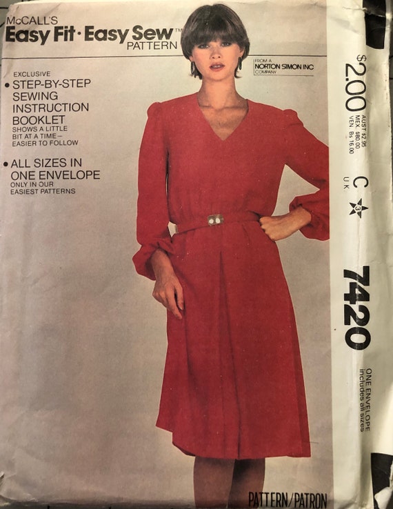 Mccall's 7420, Size Petite, Small, Medium, Large, Misses' Dress Pattern,  UNCUT, Pullover, V Neckline, Elastic Waistline, Vintage Pattern - Etsy