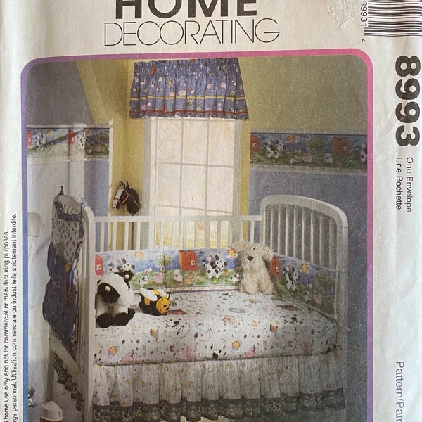 McCall's Home Decorating 8993 Nursery Decor Sewing Pattern, UNCUT, Bumpers, Quilt, Sheets, Dust Ruffle, Window Treatment, Wall Hanging