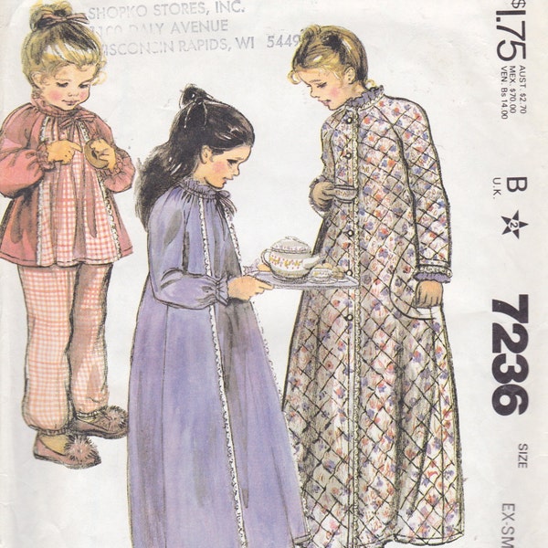 McCall's 7236, Size X-Small, Children's Robe, Nightgown and Pajamas Pattern, UNCUT, Sleepwear, Vintage, 1980's