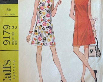 McCall's 9179 Misses' Dress Sewing Pattern, UNCUT, Size 14, Sleeveless Dress, Vintage Pattern, A-Lined Dress