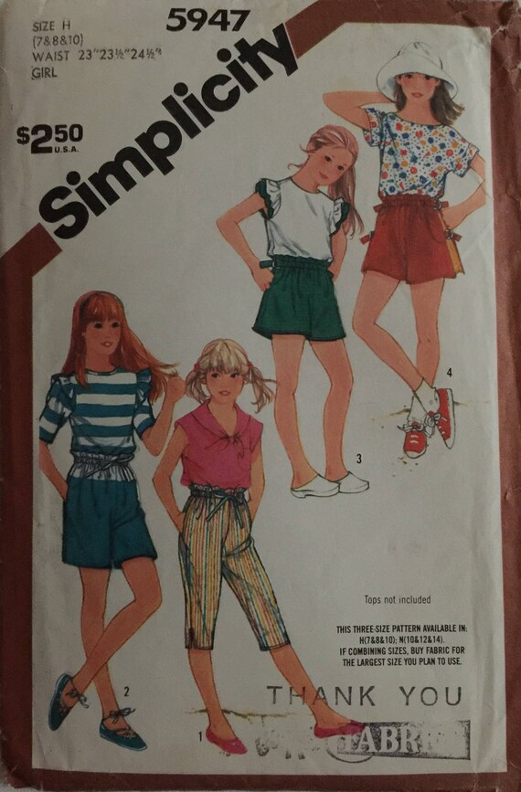 Simplicity 5947, Size 7-8-10, Girls' Set of Pull-on Pants in Three Sizes  Pattern, UNCUT, Elastic Waist, Trendy, Capris, Long Shorts -  Singapore