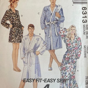 May include: A sewing pattern for four different robes. The pattern is called "Easy Fit Easy Sew" and is for sizes 36-38. The robes are shown in different colors and patterns, including leopard print, floral print, and stripes.