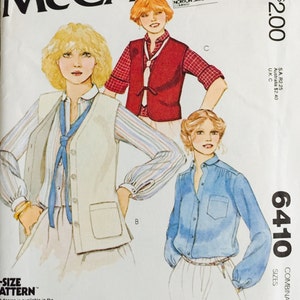 May include: A sewing pattern from McCall's for a shirt and vest. The pattern is for sizes 8-10-12. The pattern is called "Carefree Patterns" and the number is 6410. The pattern shows three different women wearing the shirt and vest in different color combinations.
