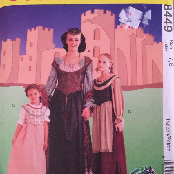 McCall's 8449, Size 7-8, Girl's Medieval Costumes Pattern, UNCUT, Overdress, Hat, Snood, Overbodice, Shawl, Halloween, Play, Costumes