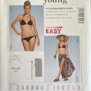 May include: Burda Young sewing pattern number 7048 for a beach outfit. The pattern includes instructions for a bikini top, bikini bottom, and a wrap skirt. The pattern includes sizes 32 to 42 and 6 to 16. The pattern is labeled "super easy facile".