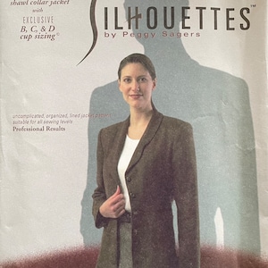 May include: A sewing pattern for a shawl collar jacket, sizes 14w-28w. The pattern includes exclusive cup sizing for B, C, and D cups. The pattern is from the Silhouettes by Peggy Sagers line. The pattern is suitable for all sewing levels and promises professional results.