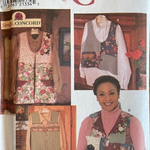 May include: A sewing pattern for a vest with different fabric options. The pattern includes four different styles of vests, each with a different fabric pattern. The pattern is from Simplicity Crafts and is for sizes XS, S, and M.