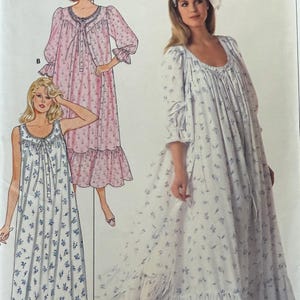 May include: A vintage Butterick sewing pattern featuring illustrations of nightgowns. The nightgowns are shown in pink and white fabrics with floral patterns. The pattern includes sizes P-S-M.
