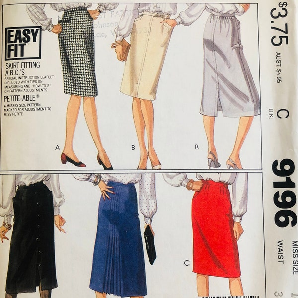 McCall's 9196, Size 16, Misses' Skirts Pattern, UNCUT, Straight Skirt, Easy Fit, Variations, Vintage Pattern, Classic Style, Career Wear