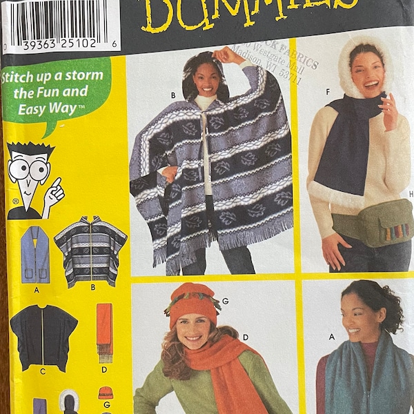 Simplicity 9822 Sewing Pattern for Dummies, Fleece Accessories Sewing Pattern, UNCUT, One Size, Wrap, Poncho, Scarf, Bag, Vintage Pattern