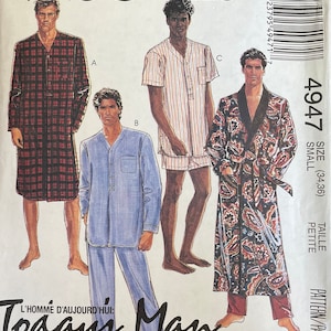 McCall&#39;s 4947 Men&#39;s Robe and Tie Belt, Nightshirt and Pajamas Sewing Pattern, UNCUT, Size 34-36 Small, Today&#39;s Man, Lounge Wear