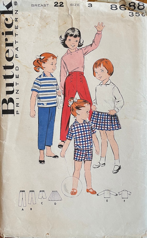 Butterick 8688 Girls' Sportswear Wardrobe Sewing Pattern, UNCUT, Size 3,  Long Pants, Pedal Pushers, Shorts, Skirt, Shirt, Vintage Pattern