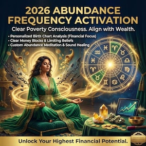 May include: An image promoting "2026 Abundance Frequency Activation." It features a woman in a green dress meditating, surrounded by symbols of wealth and a zodiac wheel. Text includes "Clear Poverty Consciousness" and "Unlock Your Highest Financial Potential."