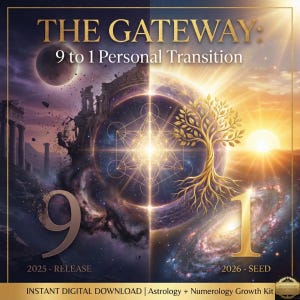 Könnte beinhalten: Digitales Grafikdesign mit dem Titel "THE GATEWAY: 9 to 1 Personal Transition". Das Bild ist vertikal geteilt, mit einem himmlischen Thema. Die linke Seite zeigt die Zahl 9, den Text "2025 - RELEASE" und einen kosmischen Hintergrund. Die rechte Seite zeigt die Zahl 1, den Text "2026 - SEED" und einen Baum.